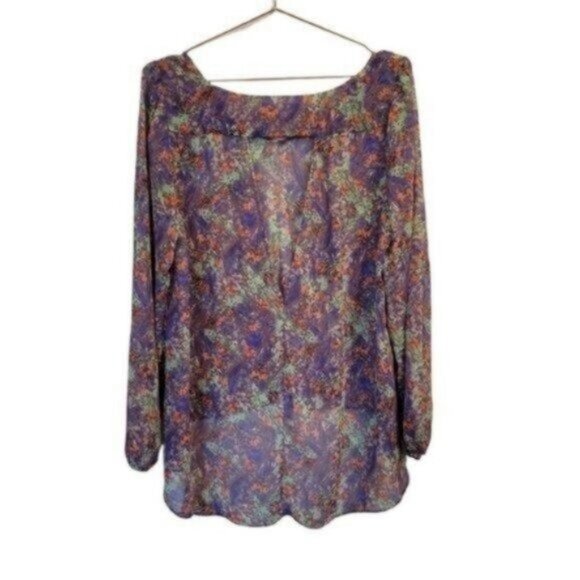 BCBG Generation Sheer Multicolor Water Color Cut Out Back High Low Blouse - Picture 2 of 9